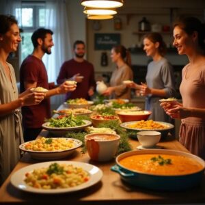 Sechs Personen stehen lächelnd um einen mit verschiedenen Gerichten gefüllten Tisch in einer warm beleuchteten Küche und unterhalten sich. Der Tisch ist mit Pasta, Salat und Suppe gedeckt und sorgt für eine gemütliche, festliche Atmosphäre.