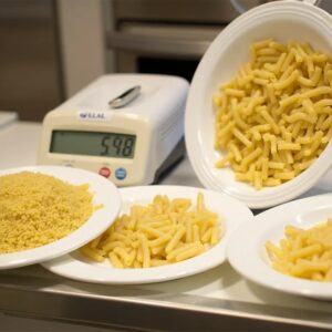 Vier weiße Teller mit unterschiedlichen Mengen Makkaroni stehen auf einer Theke neben einer digitalen Küchenwaage mit einer Waage von 548 Gramm. Ein Teller enthält trockene Nudeln, andere gekochte Nudeln. Im Hintergrund sind Küchengeräte zu sehen.